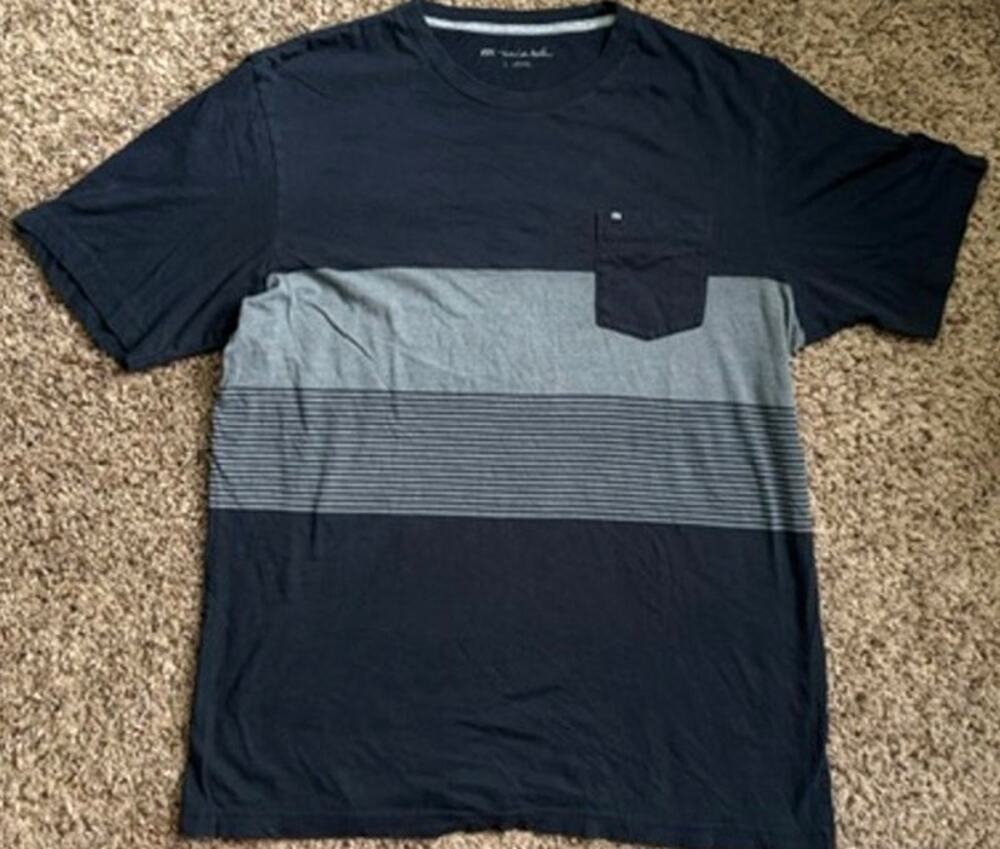 TravisMathew Men's Navy Blue Striped Pocket T-Shirt Size Large